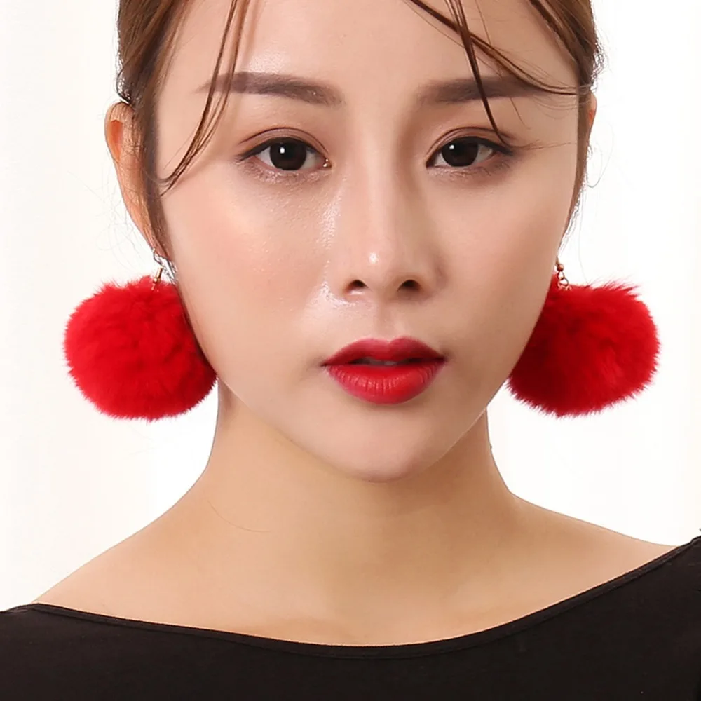 Winter New Big Rabbit Fur Plush Ball Drop Earrings Vintage Earrings Big