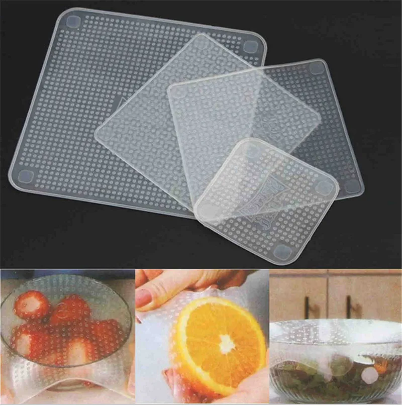 

4pcs Multifunctional Food Grade Plastic Wrap Reusable Fresh Keeping Wrap Kitchen Tools Silicone Food Wraps Seal Cover Pad