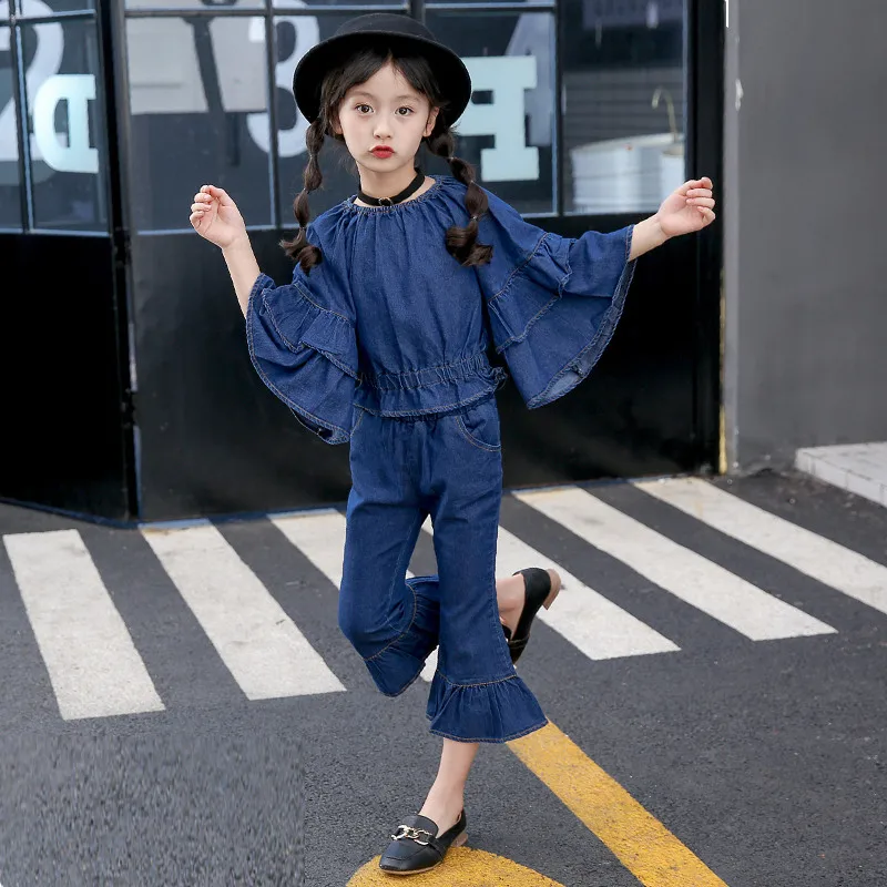 2PCS Toddler Kids Girl Clothing Set Denim Flared Sleeve Tops + Bell Bottom Jeans Trousers Outfits Children Spring Fall Clothes