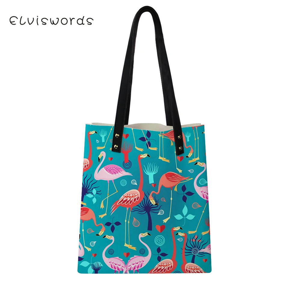 

ELVISWORDS Fashion Women's PU Top-handle Bags Cartoon Flamingo Pattern Handbags Lady Grocery Bags Kawaii Animal Girls Totes Bags
