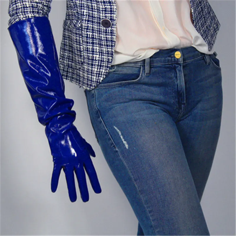 50 см лакированные кожаные длинные перчатки женские с большим рукавом из имитирующей кожи с пышными рукавами яркие серебряные женские мужские WPU65 - Цвет: Patent Leather Blue