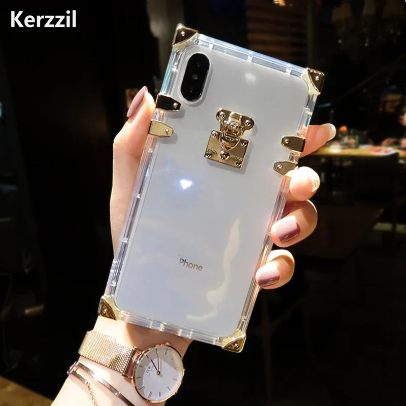 

Transparent Clear TPU Phone Case for iPhone XS Max XR X 7 Plus Bling Metal Square Case Cover for iPhone 7 8 6 6S Plus Back Cover