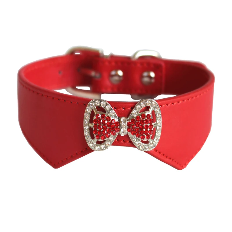 1PCS Small Dogs Collar Necklace Red PU Leather Dog Collars Rhinestone