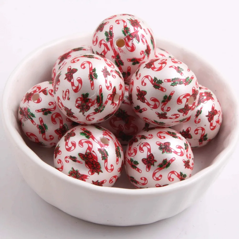 

OYKZA Christmas Jewelry 20mm 100pcs Acrylic Imitation Pearl Print Candy Cane Beads for Valentine's Day Girls Necklace Jewelry
