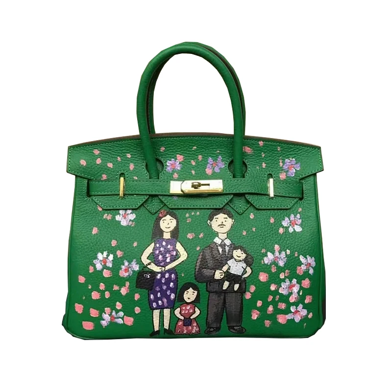 

Women's Doodle bag Genuine Leather Graffiti Hand Painting DIY Cartoon Family Tote Handbags Real learher Christmas Gifts for Lady