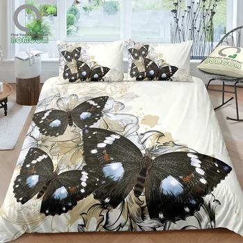

BOMCOM 3D Duvet Cover Sets Digital Printing Three Butterflies with Flowers 100% Microfiber Ivory