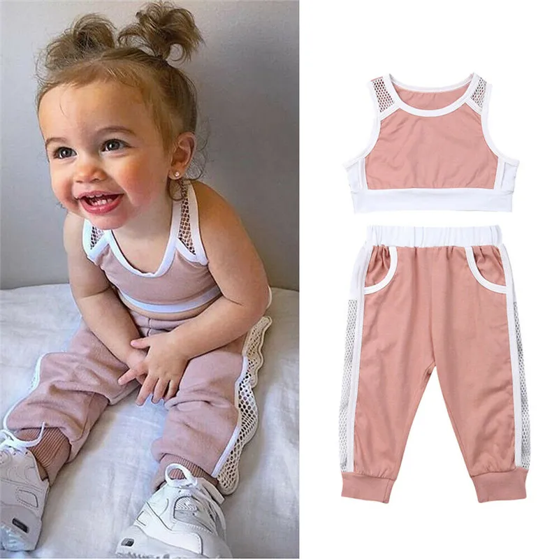 

PUDCOCO Newest Girls Mesh Tracksuit Crop Tops+Long Pants 2Pcs Cotton Outfits Active Child Girls Sets Clothes 1-6T
