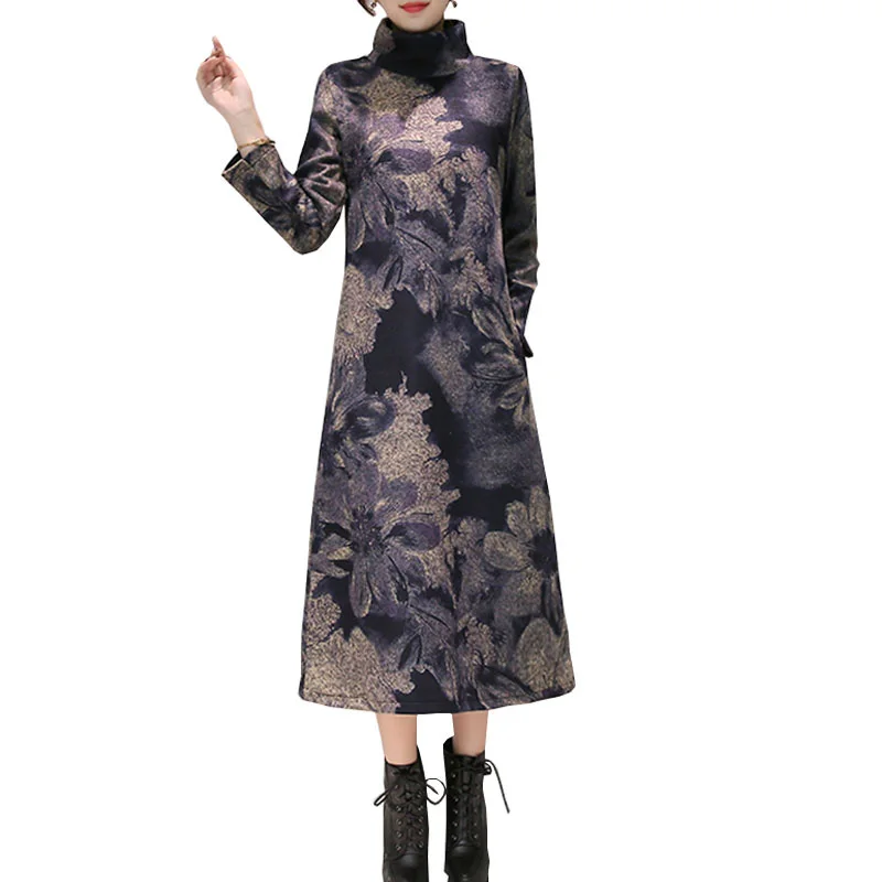 

Fashion Plus Size Woolen Dresses Print Turtleneck Mid-calf Loose Casual Dresses Long Sleeve Warm Woolen Dresses RE0314