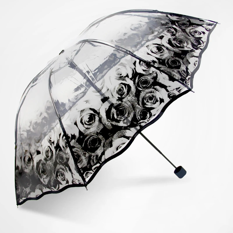 

Personality Thickening Parapluie 3 Fold Transparent Princess Umbrella Romantic Rose PVC Clear Umbrellas Valentine's Day Gifts