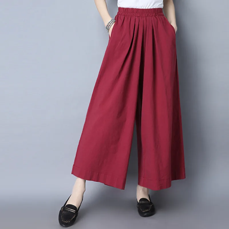 #0413 Spring Summer Cotton Linen Pants Women Black/Red Wide Leg Pants ...