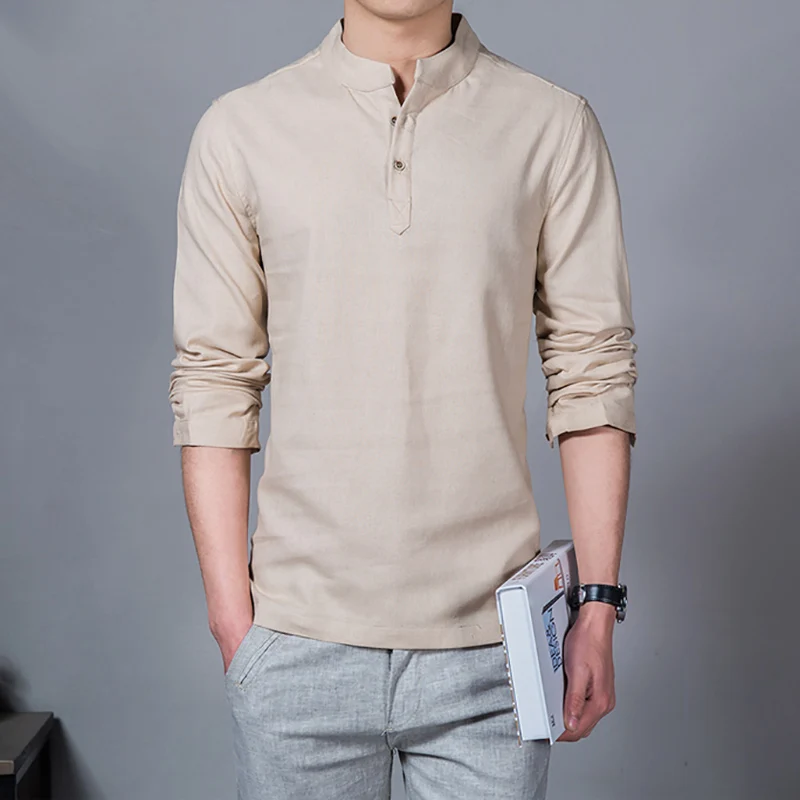 Весенне-Летняя мужская смешанный из льна и хлопка, рубашка с воротником-стойкой, дышащая, удобная, традиционная, в китайском стиле, Popover Henley