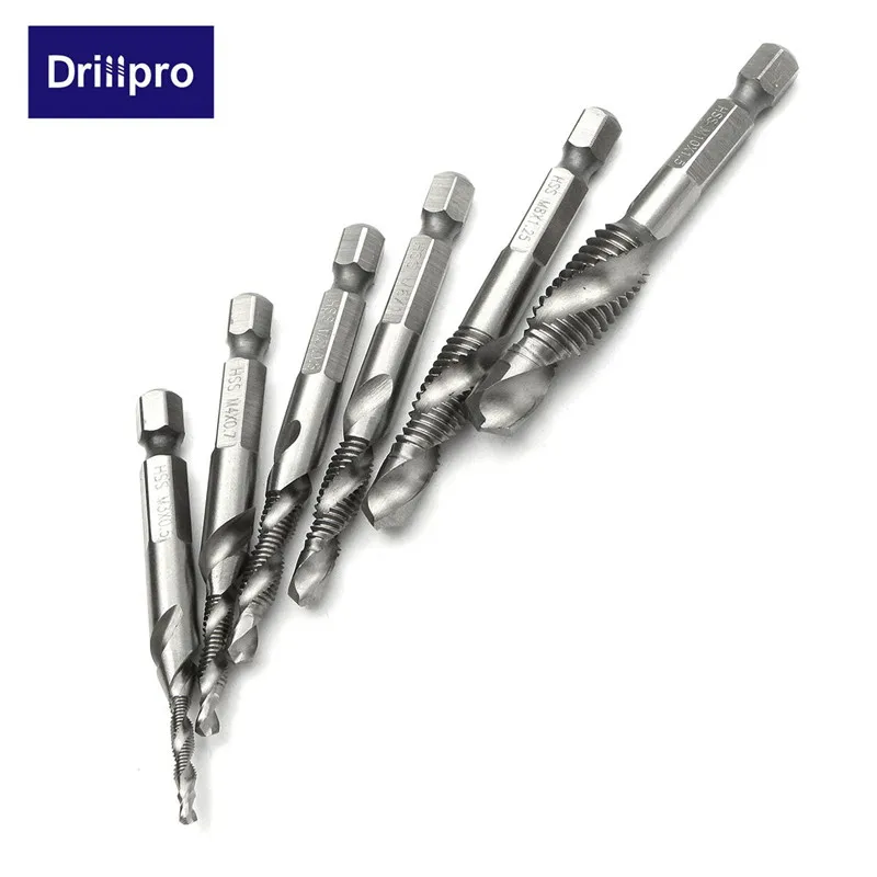 Drillpro 6 шт./компл. рука Метчик с шестигранным хвостовиком винт из быстрорежущей стали спираль точки нитки метрической зажигания сверла M3 M4 M5 M6 M8 M10 ручной инструмент