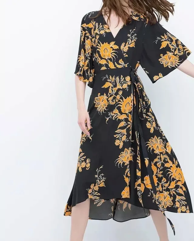 Летние Новые Модные Винтажные с цветочным принтом с v-образным вырезом на узел спереди Batwing Половина рукава талией Длинные плиссированное платье