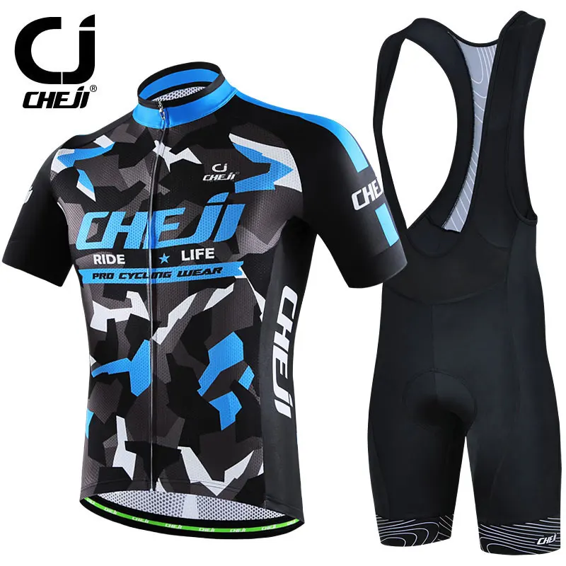

Blue Cheji Cycling Jerseys and Bibs Set For Men Bicycle Kits MTB Jerseys And Bibs Set Bike Shirts And Padded Bib Shorts Blue