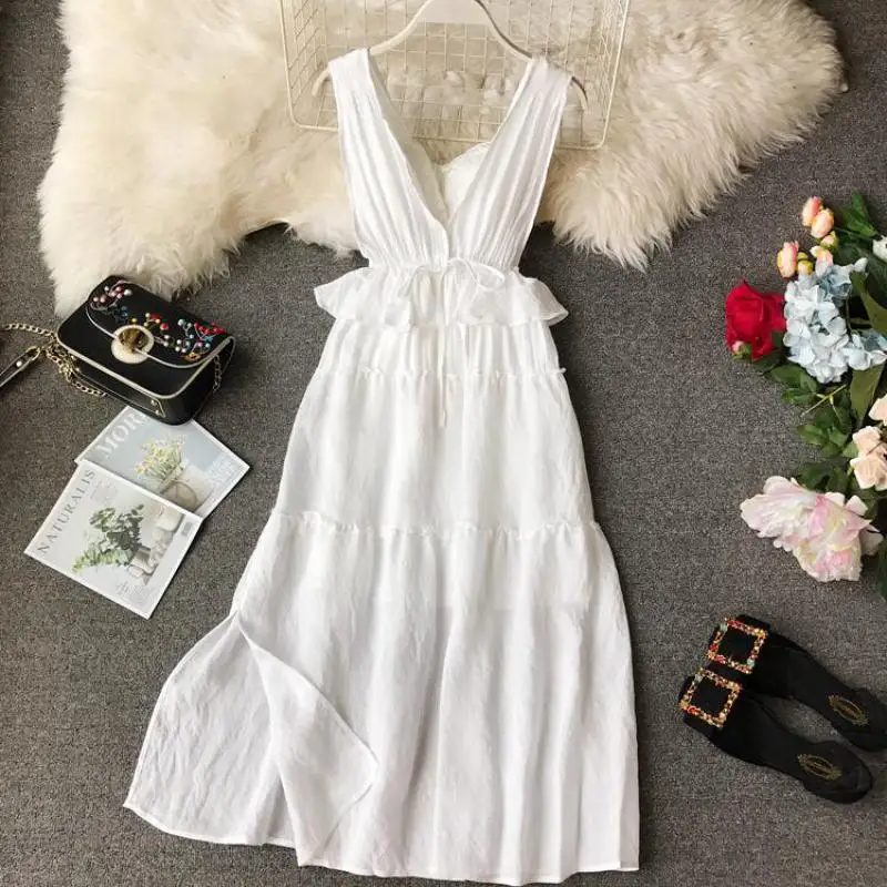 

Summer Dress 2019 New Women Sleeveless Sexy V Neck Beach White Long Robe Vestidos Woman Spaghetti Strap Boho Casual Dresses
