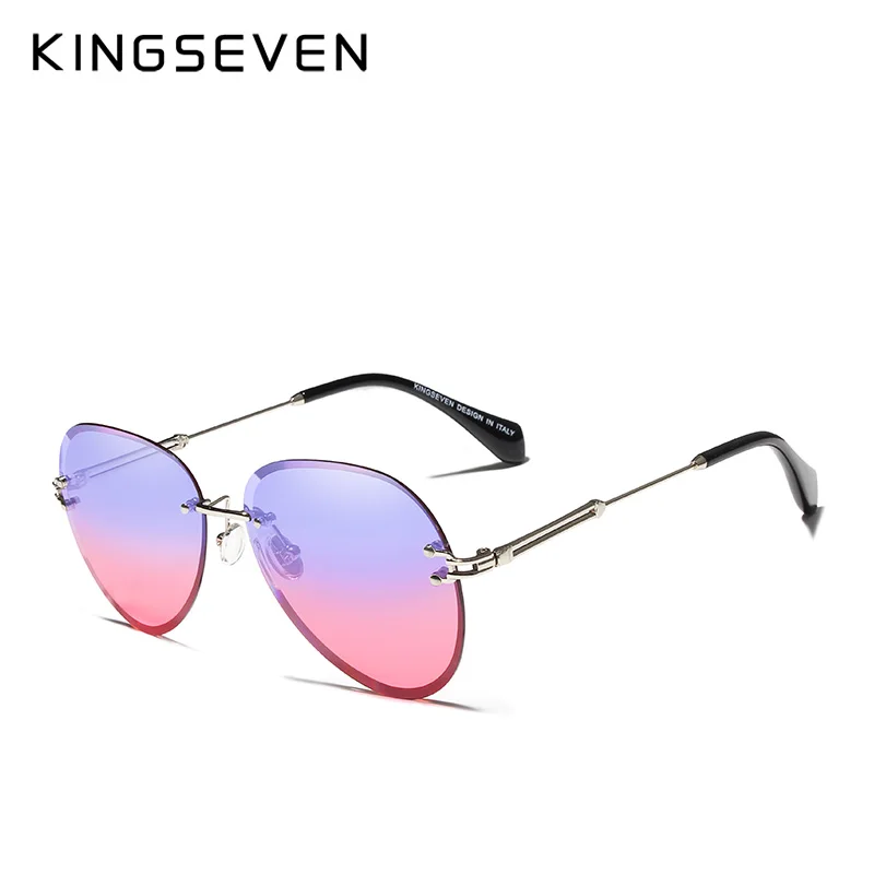 Goedkoop KINGSEVEN ONTWERP Retro Vrouwen Randloze Pilot Zonnebril Randloze Kleurrijke Gradient Lens UV400 Bescherming Shades Oculo N802