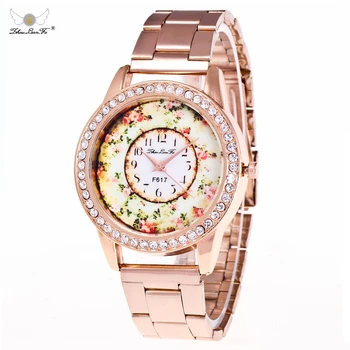 

zhou lian fa New Flowers Design Rhinestone Dial Steel Analog Quartz WristWatch montre femme Luxury Ladies Dress Bracelet Watch