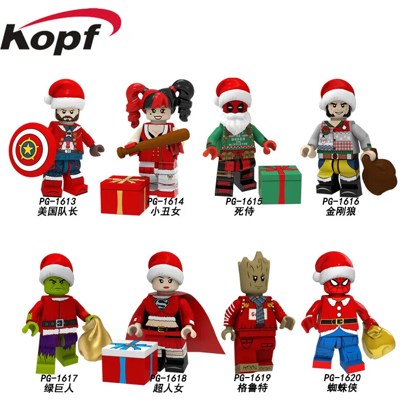 

PG8185 Building Blocks Merry Christmas Harley Quinn Wolverine Deadpool Superma Tree Man Spider-man Figures Bricks For Children