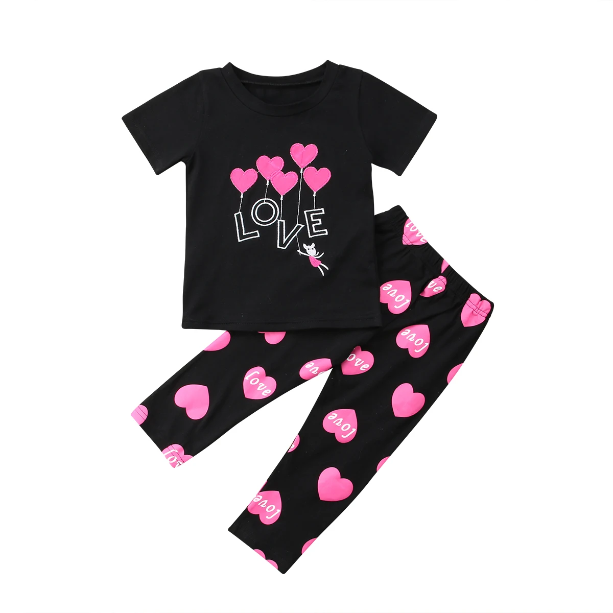 

Father's Day Kids Girls Summer Outfits Clothes Love Short Sleeve T-shirt Tops+Long Leggings 2-7T Set Cotton 2PCS