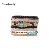 Pulsera de cuentas de cuero PU pulseras y brazaletes para las mujeres Pulseira Bohemia filas múltiples cuero de hoja pulsera envolvente