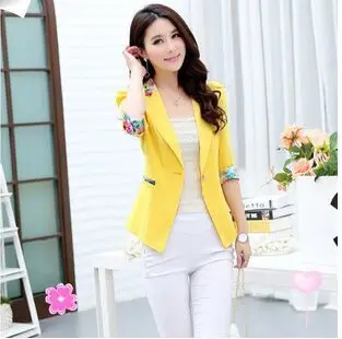 Summer Fall 2015 Floral Blazer Three Quarter Sleeve Candy Blazer Women Flower Slim Office Suit Thin Coat Plus Size S-2XL Y79