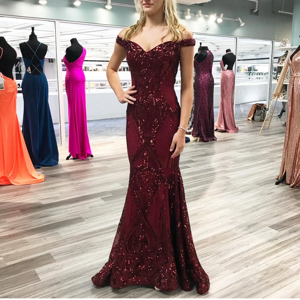 

Off The Shoulder Burgundy Sequined Maxi Dress Night Party Dress Slash Neck Floor Length Long Dress