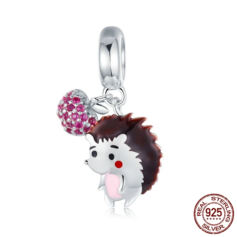 

FURUYA 925 Sterling Silver Charms Fit original Pandora Bracelets Necklaces Hedgehog Fruit Crystal CZ Charms Animal Jewelry