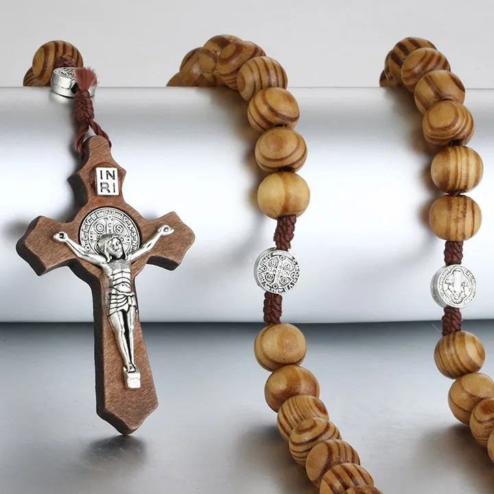 Ретро деревянные четки бусы ожерелье для женщин мать подарки орден Святого Бенедикта подвеска в виде креста с Иисусом Религиозные ювелирные изделия colar CN17 - Окраска металла: Brown
