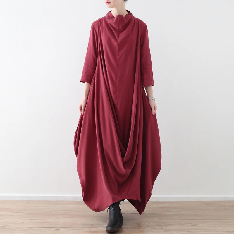 

Johnature 2019 Autumn New Original Design Cotton And Linen Loose Large Size Literary Maxi Dress Turtleneck Irregular Hem Robes