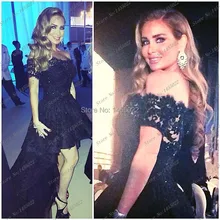 2015 heißer Verkauf A-linie Modest Ballkleider Mit Hülsen kurzes Vorderes Langes Rück Kleid Schwarz Spitze Abend Party Mit perlen