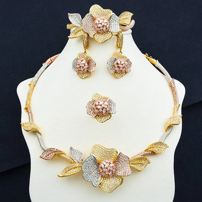 

ModemAngel Luxury Sunflower Round Super AAA Cubic Zirconia Zirconia Women Engagement Necklace Earring Dubai Jewelry Set