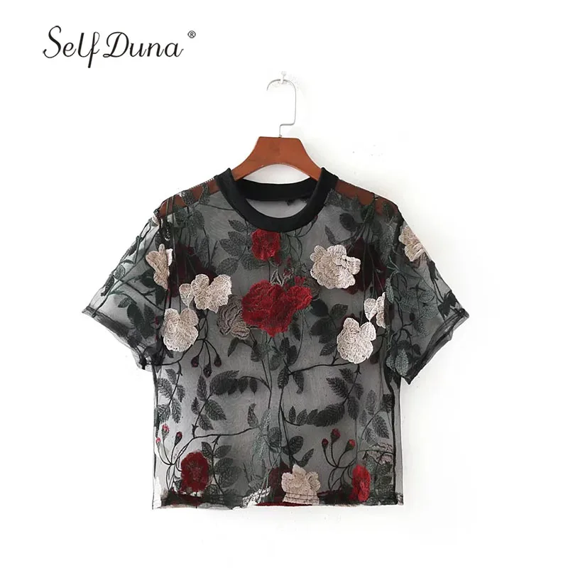 

Self Duna 2019 Summer Sexy Transparent Blouse Floral Embroidery Blusas Mesh Flower Embroidered Black Short Blouse Crop Tops