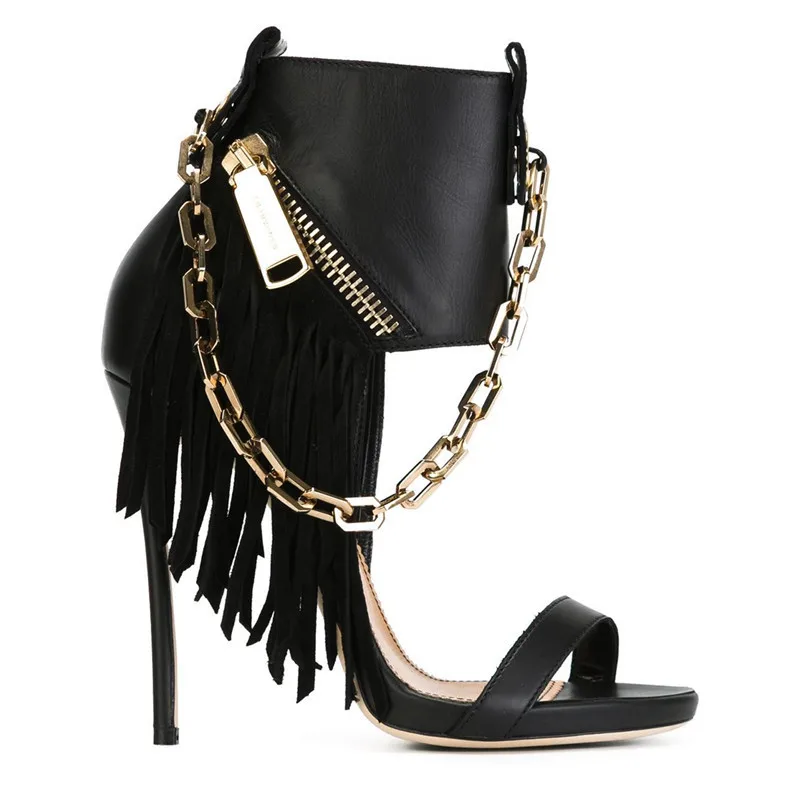

2019 Summer Gold Chain Gladiator Sandals Women Ankle Strap Fringe High Heels Sandals Women Fashion Black Leather Shoes Woman