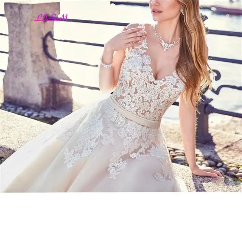 Elegant Light Champagne V Neck Beach Wedding Dresses Lace