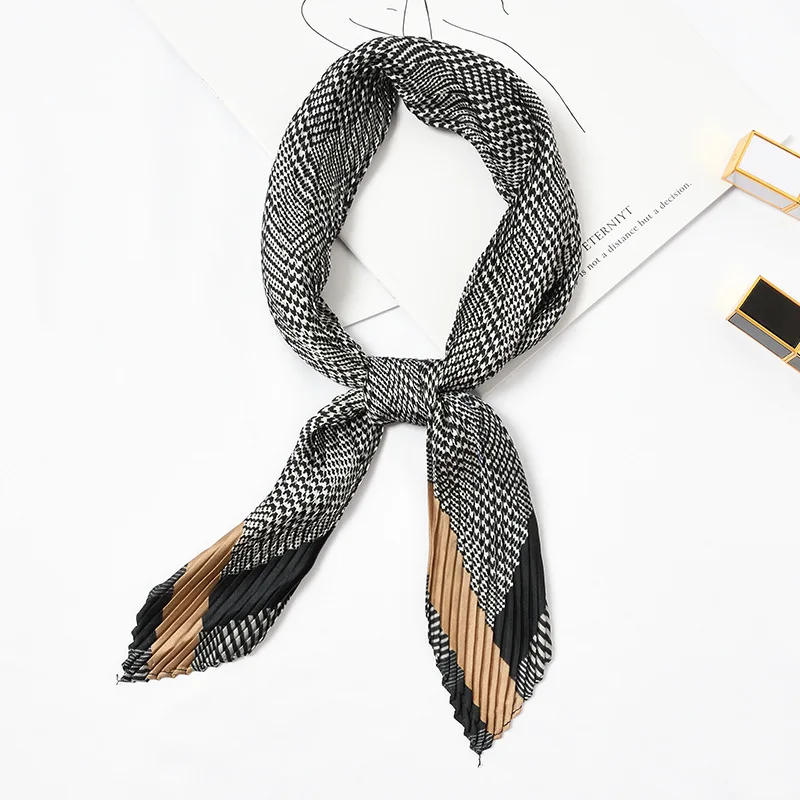 

HOT Women Pleated Chic Houndstooth Bandana Crinkle Silk Neck Scarf New Design Office Lady Neck wear Fashion Print Foulard [3954]