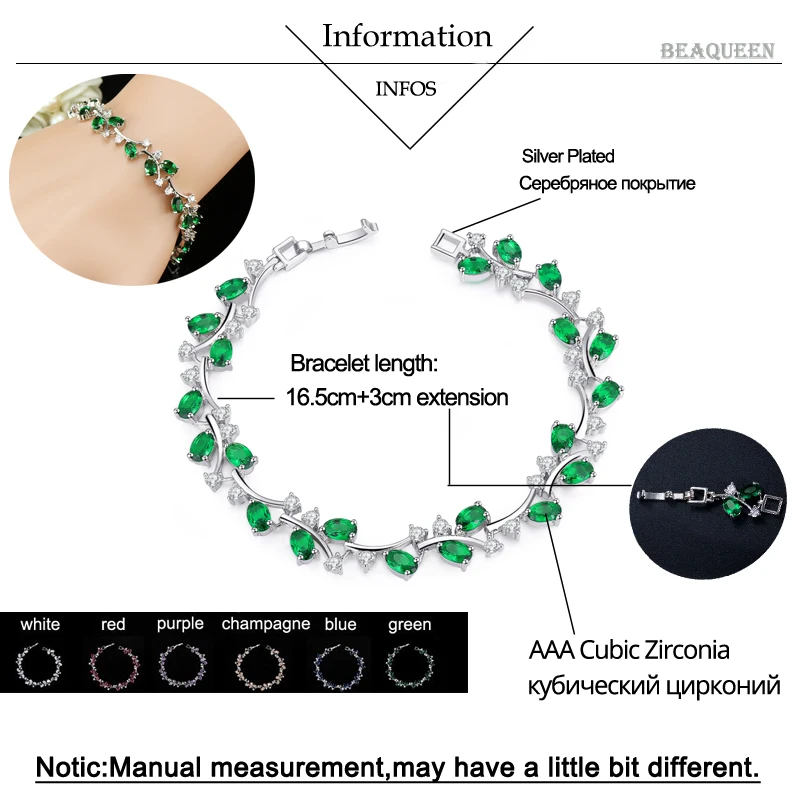 BeaQueen Прекрасный Овальный Круглый Кубический циркон Кристалл Серебряный цвет Королевский ювелирные зеленый камень CZ теннисные браслеты для женщин B015
