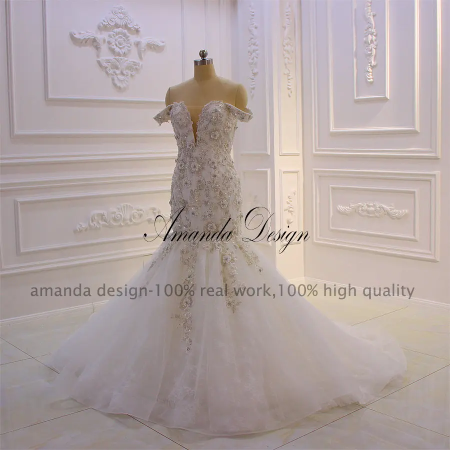 Аманда дизайн невесты платье с открытыми плечами рукава кружево; аппликация; Русалка свадебное платье