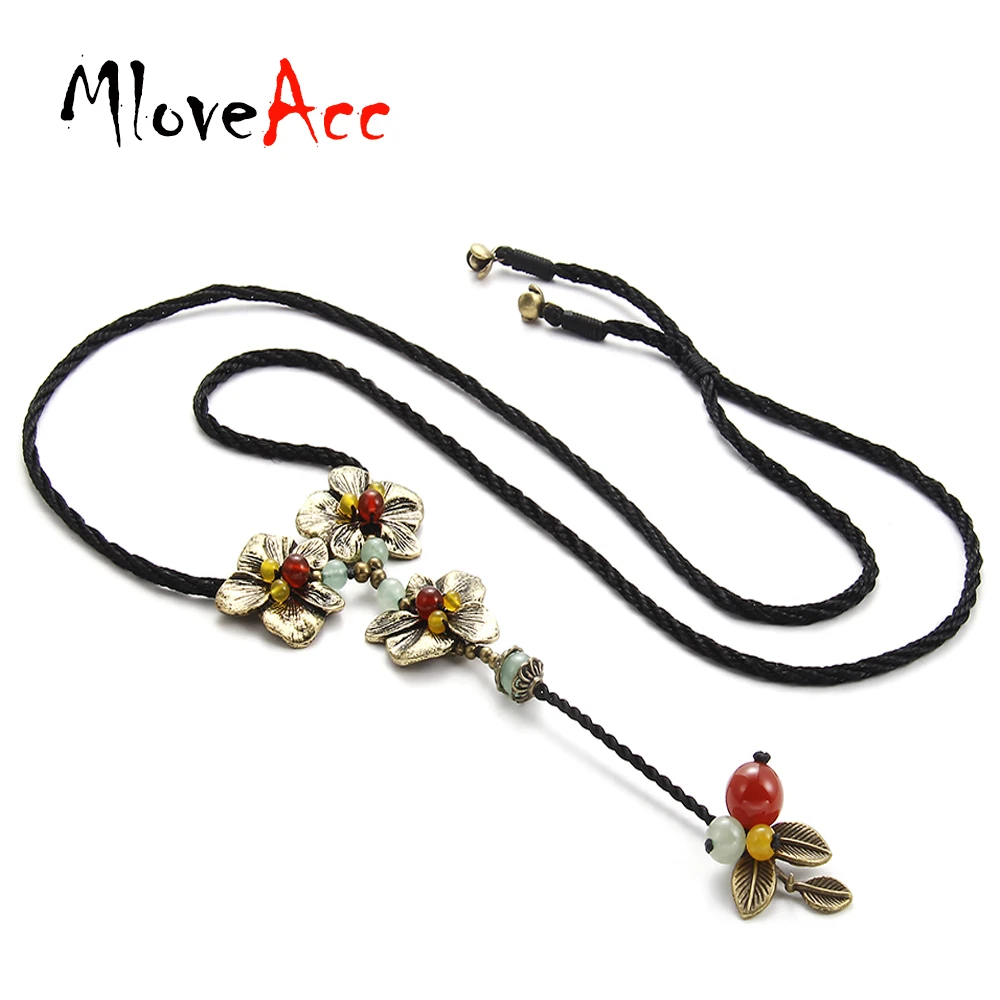

MloveAcc Brand Vintage Metal Flower Pendant Necklaces for Women Ethnic Stone Beads Charm Long Drop Antique Bronze Plated jewelry