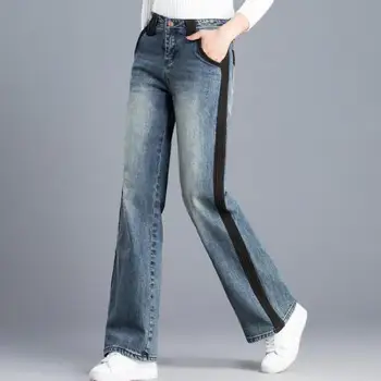 

Spring Autumn Women Washed Bleached Wide Leg Patchwork Striped Denim Trousers , 2017 Casual Fall Female Woman Jeans Pants