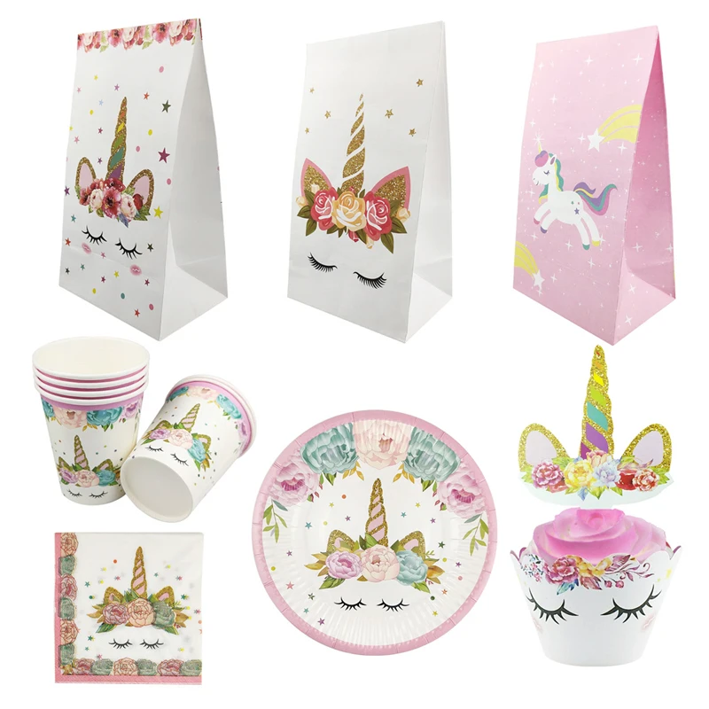 

Unicorn Disposable Tableware Set Paper Plates Cups Napkins Candy Bag Cake Topper Cupcake Wrappers Kids Birthday Party Decoration
