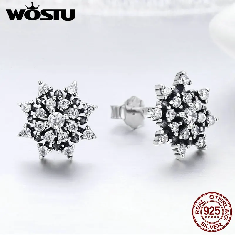 

WOSTU High Quality Real 925 Sterling Silver Sparkling Snowflake Stud Earrings for Women S925 Silver Fine Jewelry Gift FIE346