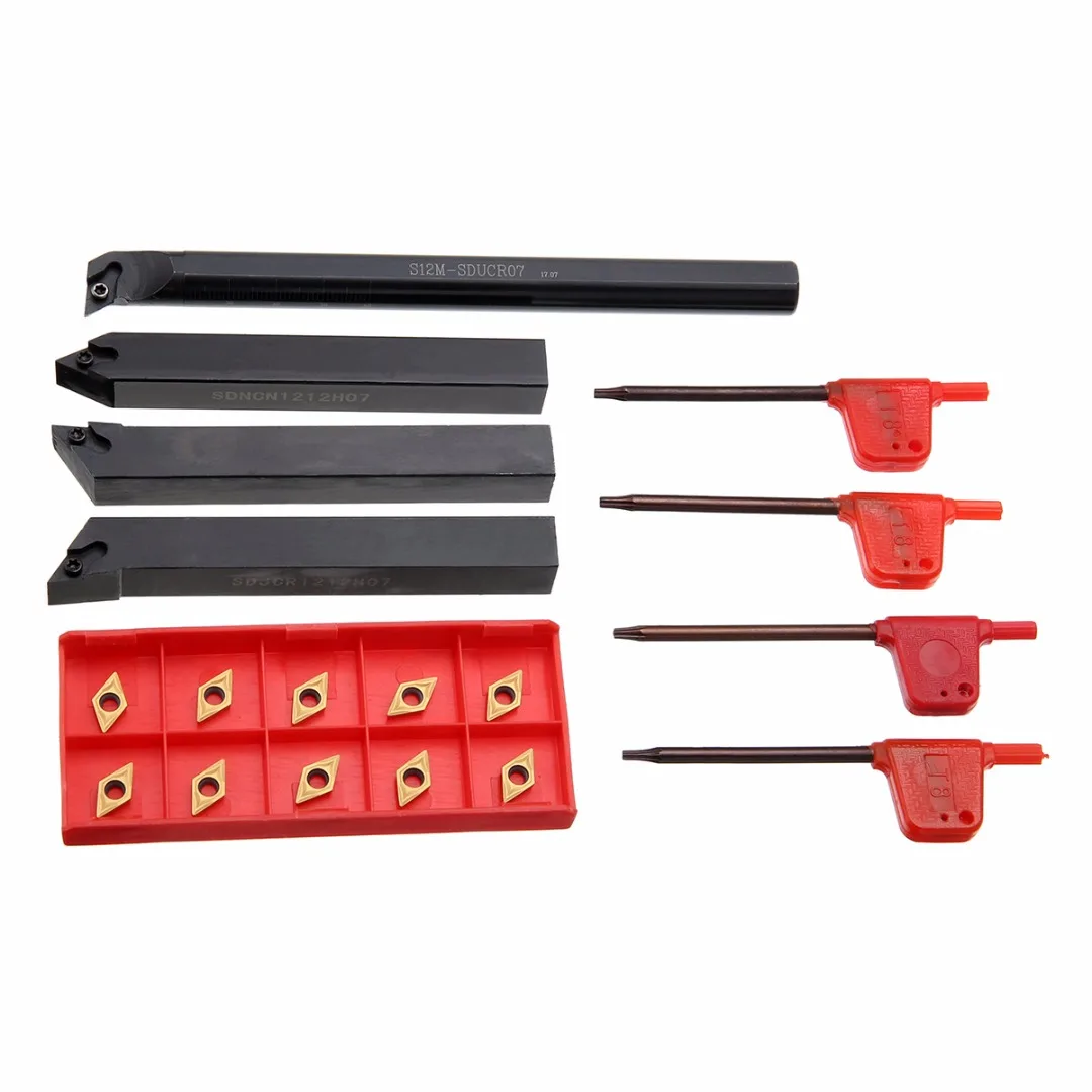 1 Set Alloy Steel Turning Tool 10pcs DCMT0702 Carbide Inserts + 4pcs 12mm Lathe Boring Bar Turning Tool Holder + Wrench