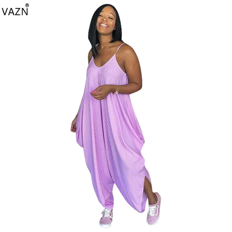 

VAZN 2018 summer hot pink striped spaghetti strap jumpsuits women v-neck sleeveless jumpsuits ladies hollow out jumpsuits 648