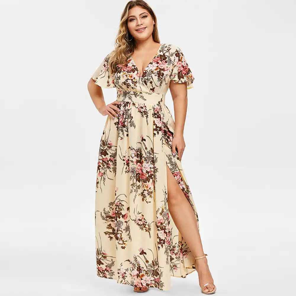 Women V Neck Short Sleeve Summer T-Shirt Dress High Split Long Maxi Dress Plus