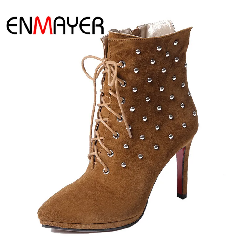 

ENMAYER Kid Suede Women Ankle Boots Shoes women Size 34-39 Casual Pointed Toe Winter Thin High Heels Fashion boots Brown CR491