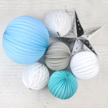

7pc Party Decoration Set 19cm/32cm Pleated Paper Lanterns,Stars Honeycomb Balls Wedding Showers Birthday Hanging Decor