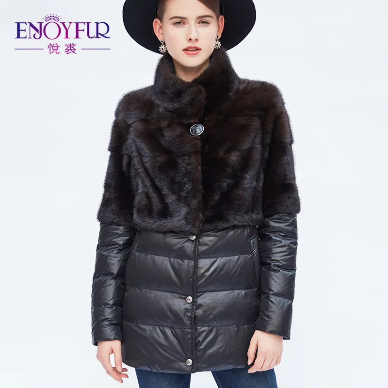 

ENJOYFUR Real Mink Fur Coats Women's Winter Fur Down Coat Remove Sleeve And Hem Genuine Mink Coats For Women Thick Warm Fur Coat