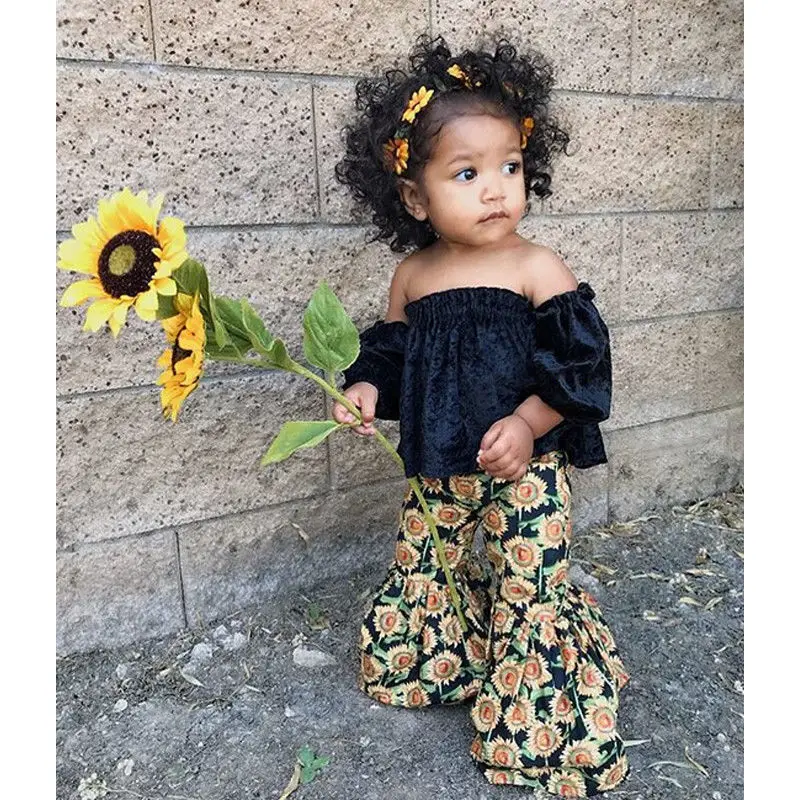 

2PCS Children Girls Clothing Set Off Shoulder Tank Tops+Sunflower Bell Bottom Trouser 2019 New Summer kids girls Outfits