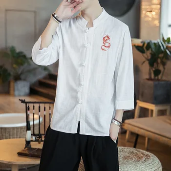 

#4534 Cotton Linen Shirt Men Mandarin Collar Embroidery Dragon Chinese Style Casual Vintage Plus Size 5XL Three Quarter Sleeve