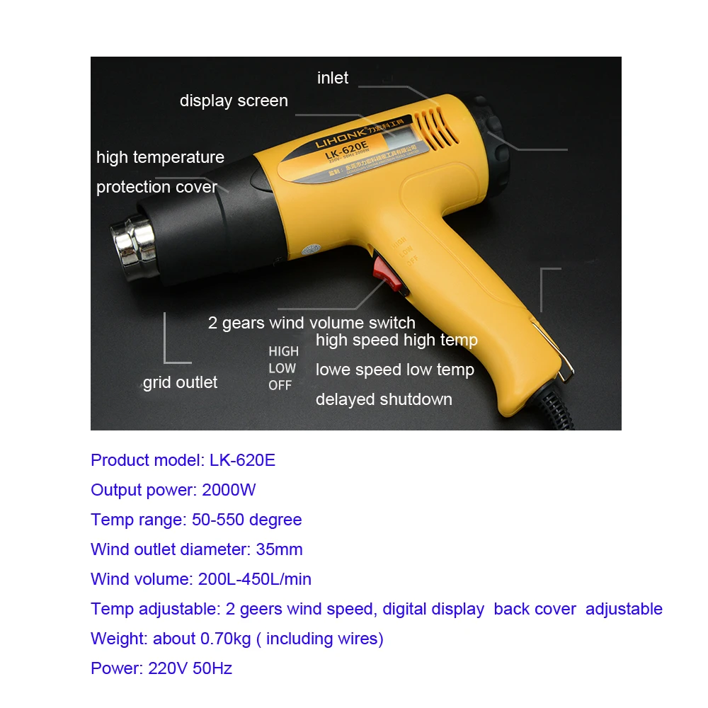 LIHONK промышленный горячий воздушный пистолет термоусадочная пленка воздуходувка 1600 Вт 1800 Вт 2000 Вт для автомобиля пленка для ламинирования выпечки электронный ремонт